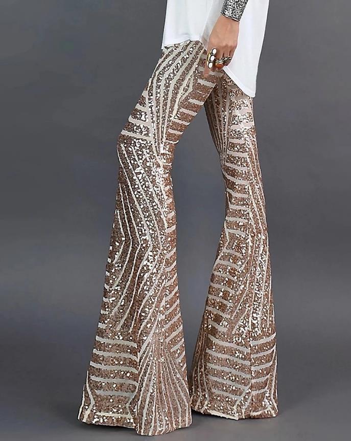 Alexandra - Flared Sequin Pants Elastic Waistband