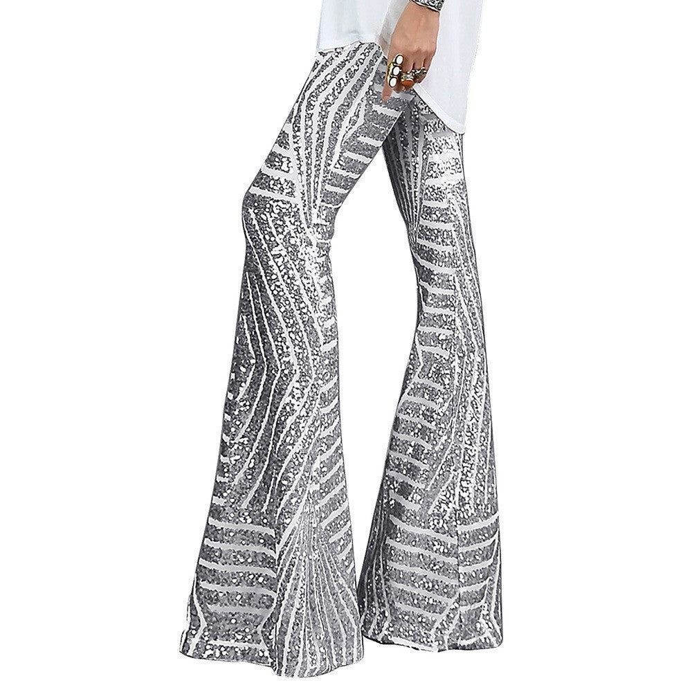 Alexandra - Flared Sequin Pants Elastic Waistband