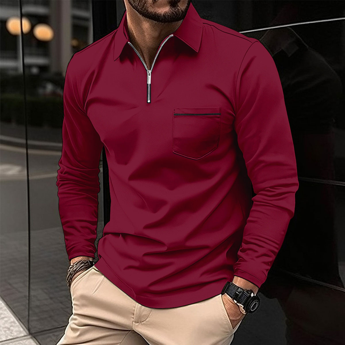Lucas - Long Sleeve Polo Shirt with Zipper Detail