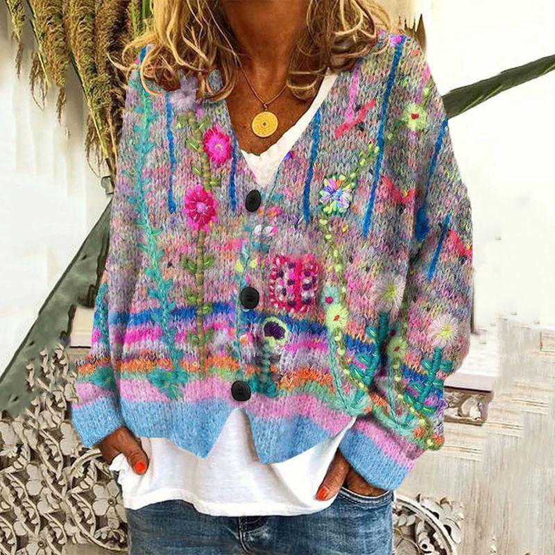 Elodie - Button-Up Cardigan with Multi-Colored Pattern